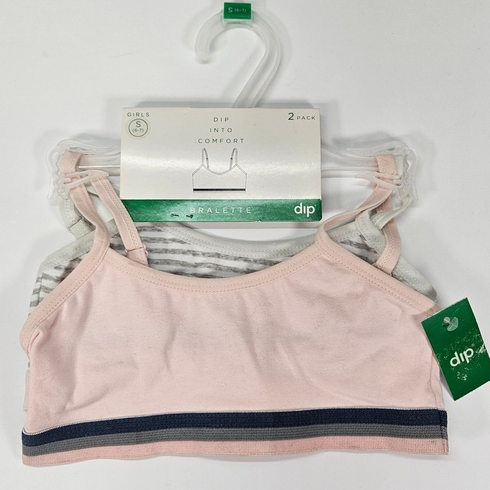 Girls 2 Pack Dip Into‎ Comfort Bralettes Size 6-7 Pink Striped Cotton Adjustable